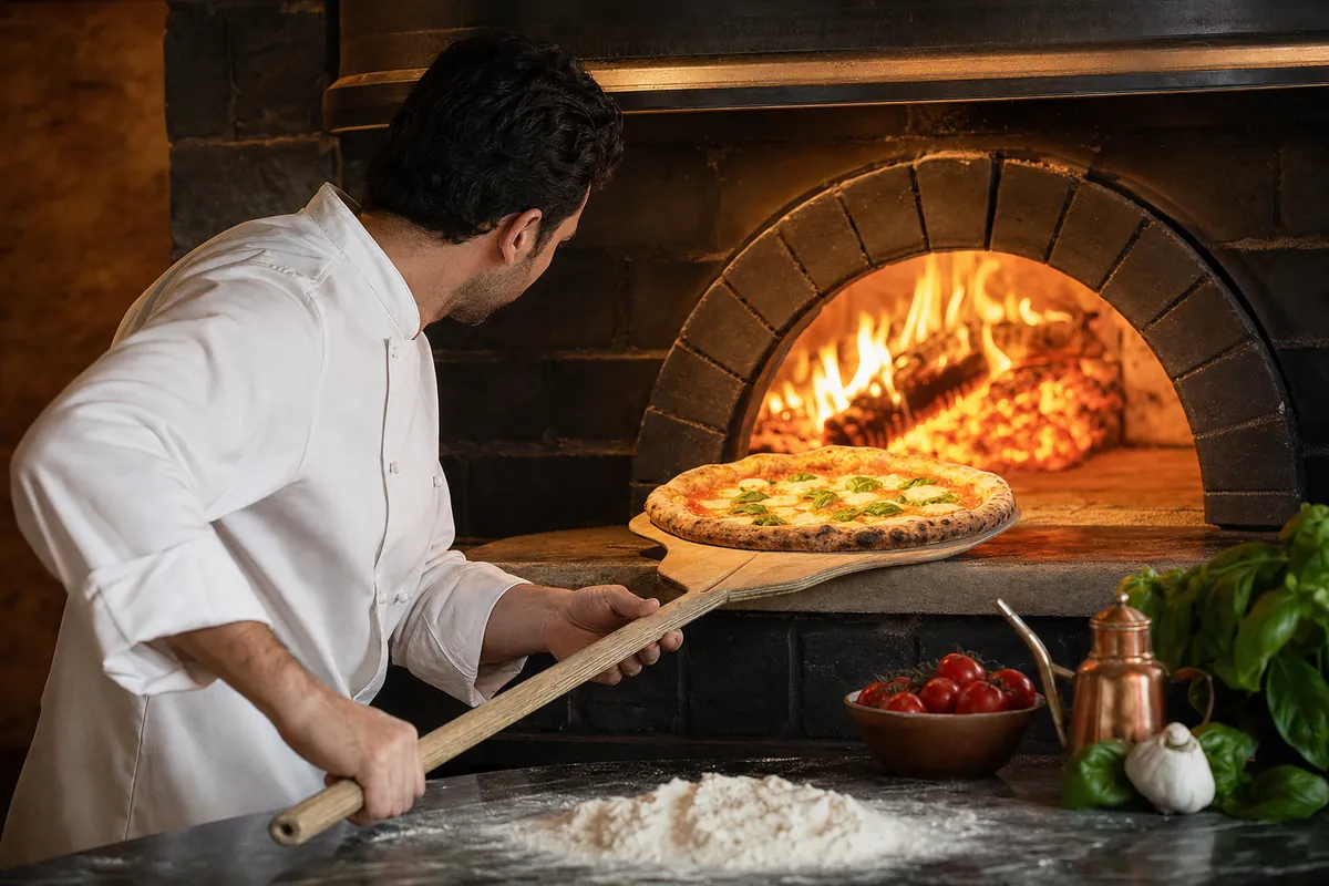 Pizza going into the oven